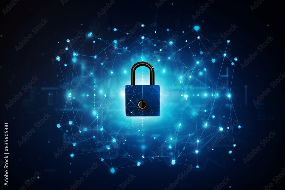 Cyber security concept. Lock symbol from lines and triangles, point connecting network on blue background. High quality photo Cyber security concept. Lock symbol from lines and triangles, point connecting network on blue background. High quality photo