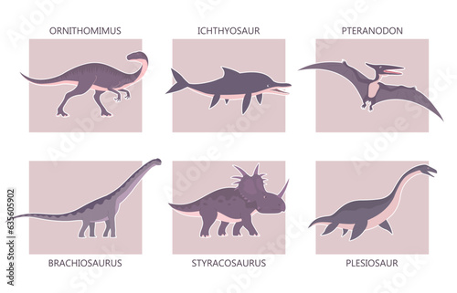 Set of ancient carnivorous and herbivorous dinosaurs. Brachiosaurus, plesiosaurus and pteranodon. Extinct lizard of the Jurassic period. Paleontology animals. Prehistoric dino. Vector illustration