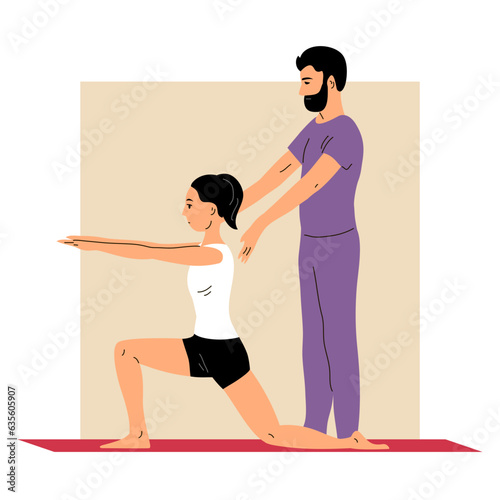 Physical rehabilitation clinic. Girl patient doing exercises under the supervision of man doctor. Therapy and recovery. Flat vector illustration