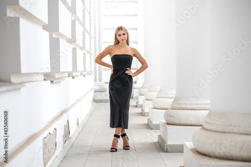 Portrait of a young beautiful blonde girl in a black dress