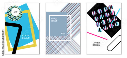 Geometric cover design, set of 3 covers. Abstract unusual background in Memphis style. Bright geometric shapes in random order