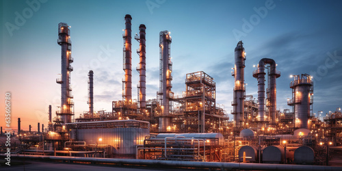 oil refinery at twilight, oil refinery plant, oil refinery at night, 