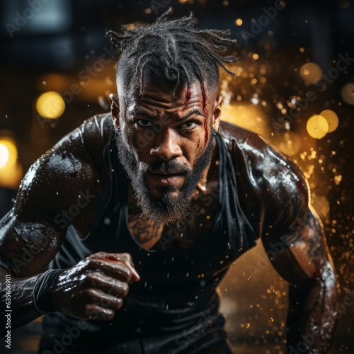 Energetic portrait of a boxer with sweat on his face. Generative AI
