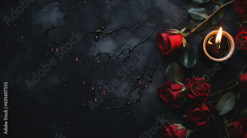 Dead Roses in Gradient Red, Purple, and Black Petal Tones with Lit Candle Against Matte Black Background - Moody Lighting and Dark Academia/Witchy Aesthetic - Generative AI