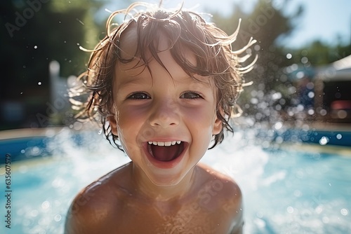 Child in the water park. Laughing happy boy playing in the water park. Splashes of water and sunbeams. Happy childhood. © Stavros