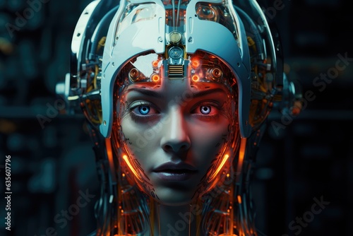 Futuristic Human Female like cyber-robot looking at the camera