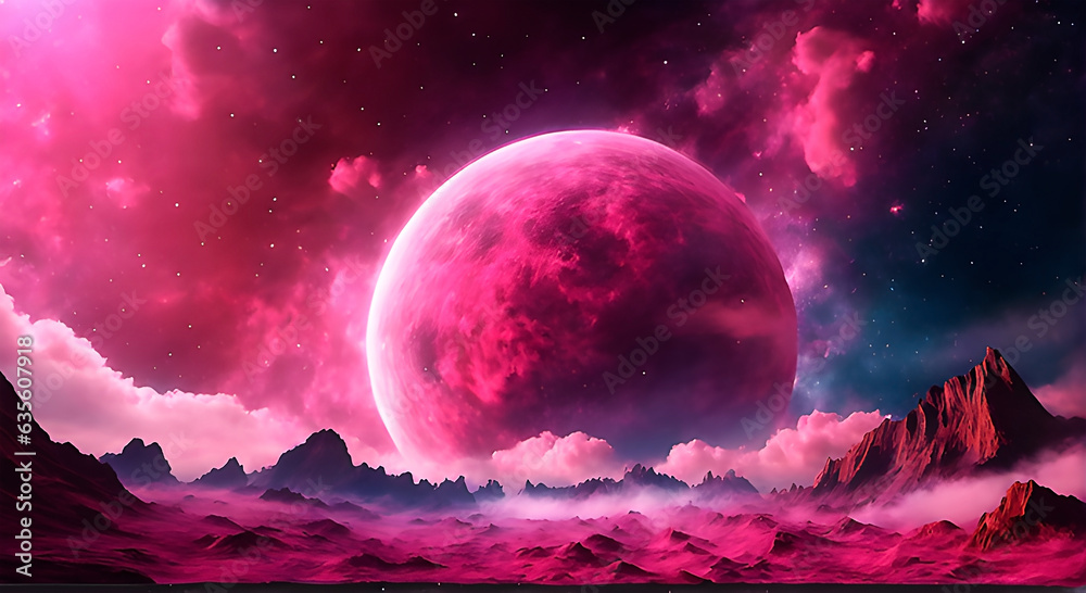 Pink alien landscape with a pink planet in the night sky - obrazy, fototapety, plakaty 