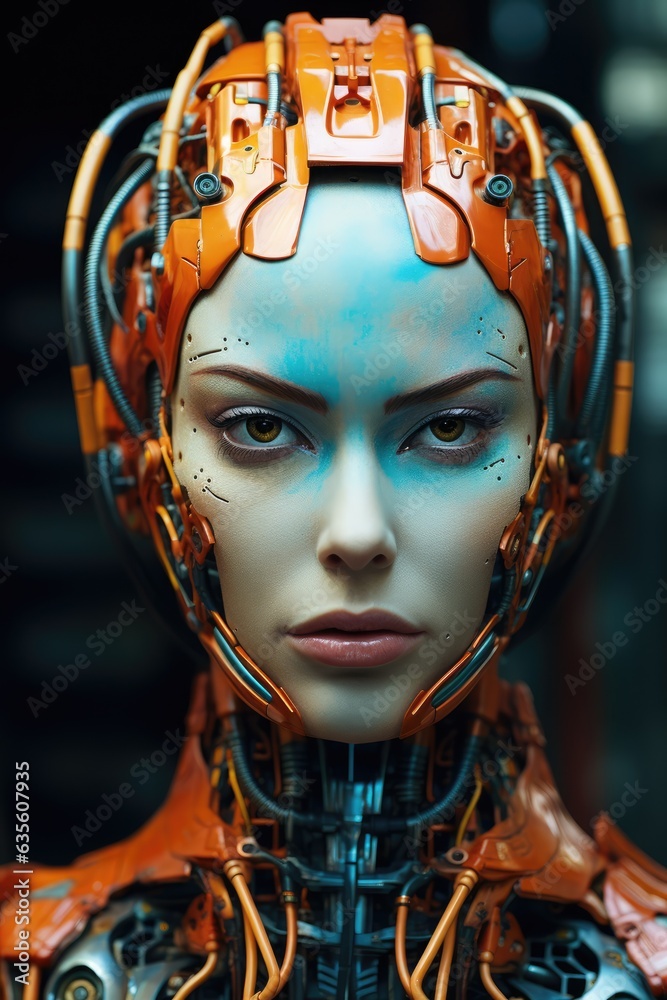 Futuristic Human Female like cyber-robot looking at the camera