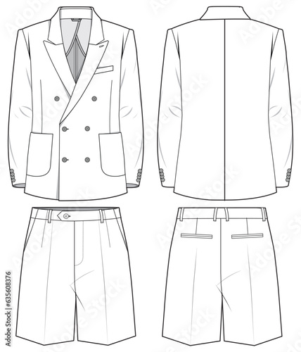 Men's double breast notch lapel Blazer Jacket full suit with formal Shorts pants flat sketch fashion illustration technical drawing with front and back view