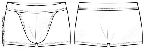 Men's boxer brief underwear front and back view flat sketch fashion illustration, Gents trunk under garments vector template