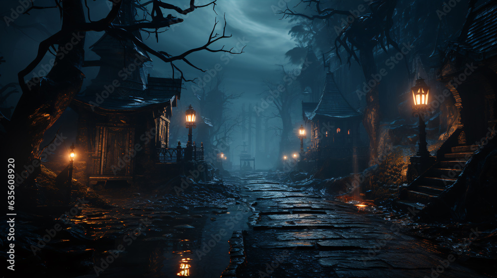 Fototapeta premium Glowing pathway through a foggy graveyard adorned with spooky tombstones. Halloween flyers and posters backdrop.