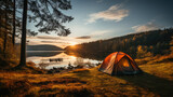 Tent in spring forest with a majestic view of lake, sunrise sky. Generative AI