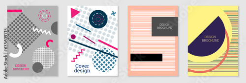 Geometric cover design, set. Abstract unusual background in the style of Memphis. Bright geometric shapes in random order