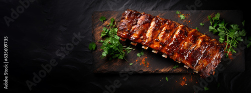 Delicious barbecued ribs seasoned with a spicy basting sauce and served with chopped fresh herbs on dark background, top view photo