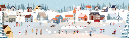 Seamless pattern Winter landscape,Celebrating Christmas and New Year 2024 in City at night with happy people playing ice skate in the park,Vector horizontal banner winter wonderland in countryside