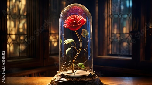 Fototapeta Naklejka Na Ścianę i Meble -  A shining rose under a glass case as in beauty and the beast, Generative AI