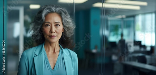 Ageless Elegance: Senior Asian Woman's Stance in Office photo