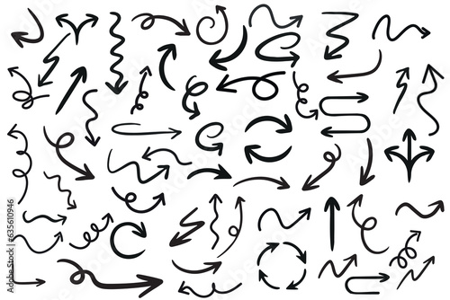 Set of various hand-drawn arrows collection with elegant style and black color. Vector illustration