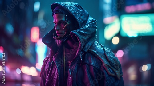 Hacker guy in a hoodie on the streets of the cyberpunk capital city, ai art