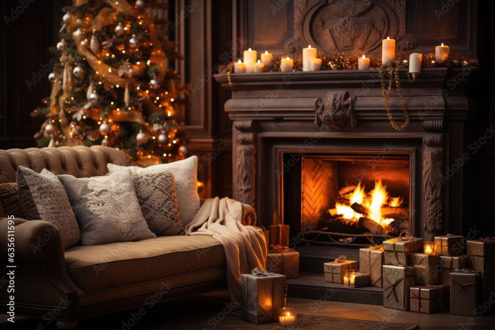 interior christmas. magic glowing tree, fireplace, gifts in dark at night. Living room home interior with decorated fireplace and christmas tree