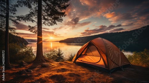 Tent in spring forest with a majestic view of lake, sunrise sky. Generative AI