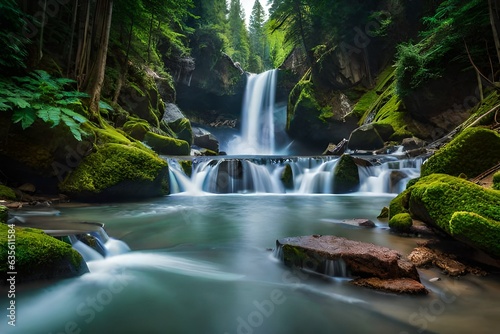 Waterfall on mountain river in the forest
