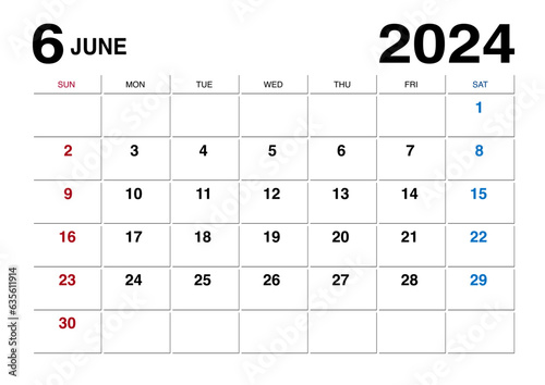 2024年6月のメモが書けるカレンダー