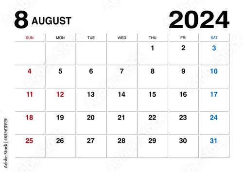 2024年8月のメモが書けるカレンダー