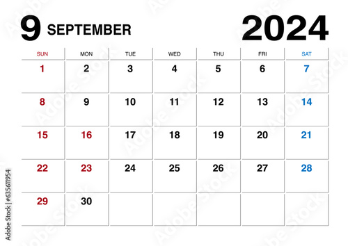 2024年9月のメモが書けるカレンダー