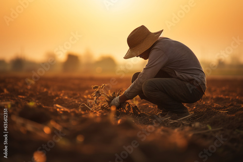 A farmer working in the fields during the golden hour, with the countryside in the backdrop