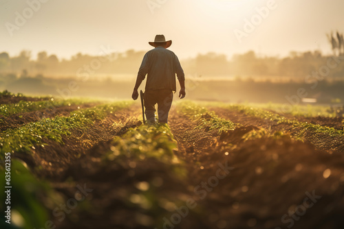 A farmer working in the fields during the golden hour, with the countryside in the backdrop