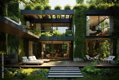 A modern home integrated with green plants and sustainable energy solutions © Creatizen