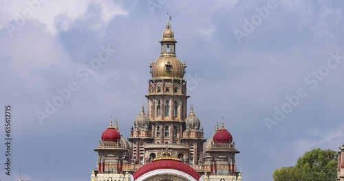 Close up front view of Mysore Maharaja palace in Mysore city , Karnataka. Palace is built in 1912 with Indo - Saracenic style of architecture. photo