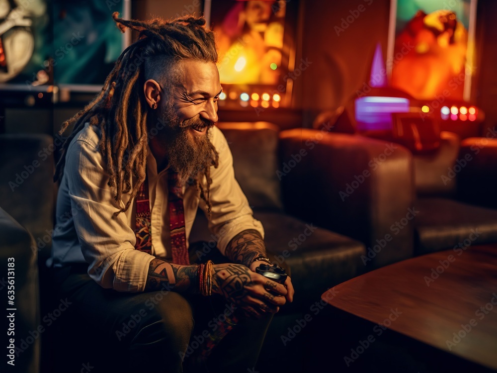 Skinny young man with dreadlocks and a gamepad on his arm in the gameclub, ai art