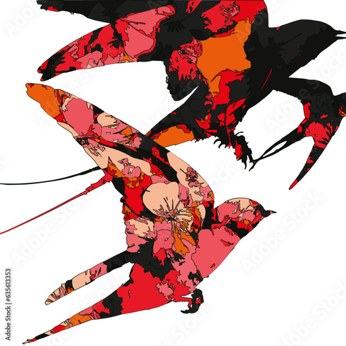 What makes this scene truly enchanting are the delicate decorative flowers intricately woven into the swallows' forms. 