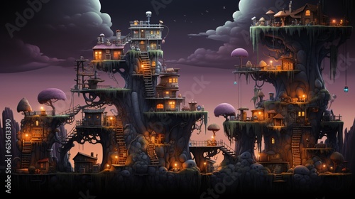 Generative AI. Game landscape in purple with mushrooms © TrySmartArt