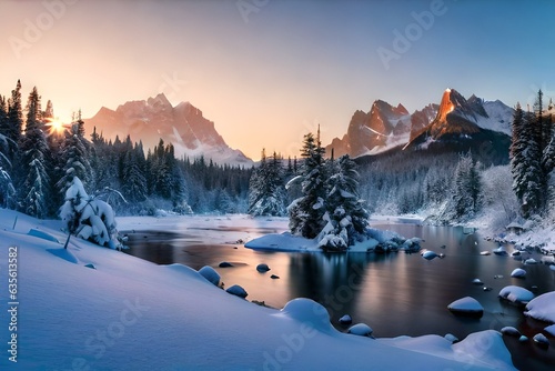 A Lake covered by snowy  mountains