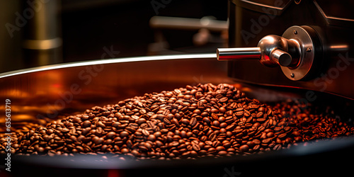 Freshly roasted coffee beans from a large roaster in the cooling cylinder. 
