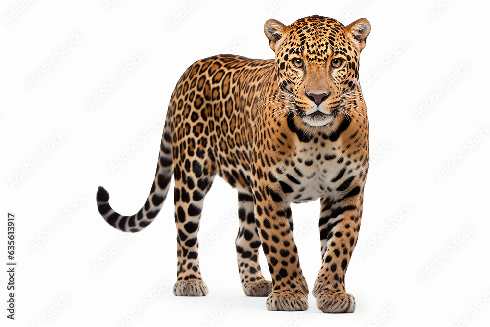 Jaguar isolated on white background. Animal front view portrait.