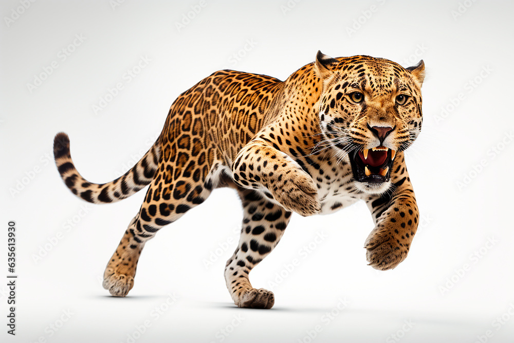 Jaguar isolated on white background jumping. Animal front side portrait. Jaguar isolated on white background jumping. Animal front side portrait.