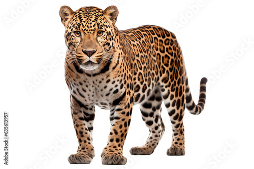 Jaguar isolated on a transparent background. Animal front view portrait.