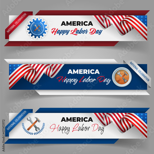Set of web banners, design background with handwriting texts, hammer and wrench, cogwheels and national flag colors for celebration of Labor day in America; Vector illustration