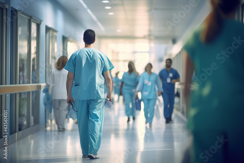 Healthcare professionals in a busy hospital corridor, conveying dedication and urgency photo
