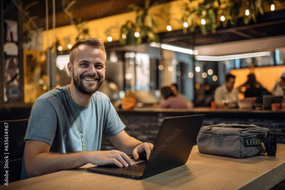 Pleased man in his 30s that is coding on a laptop wearing a tech-themed t-shirt against a vibrant co-working space background. Generative AI Pleased man in his 30s that is coding on a laptop wearing a tech-themed t-shirt against a vibrant co-working space background. Generative AI