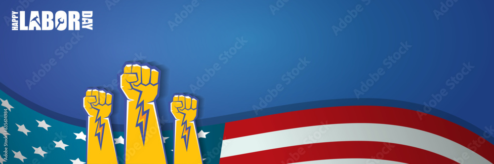 labor day Usa vector label or horizontal background. vector happy labor day poster or horizontal banner with clenched fist isolated on usa flag background . Labor union icon labor day Usa vector label or horizontal background. vector happy labor day poster or horizontal banner with clenched fist isolated on usa flag background . Labor union icon
