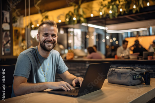 Pleased man in his 30s that is coding on a laptop wearing a tech-themed t-shirt against a vibrant co-working space background. Generative AI