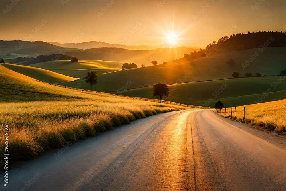 Frame the sun setting over a picturesque rural landscape, with golden light rolling hills, farmhouses, and open fields