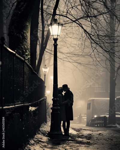 Amidst the ancient charm of a snowy night, a couple shares a tender kiss under the warm glow of a vintage lamp post, creating a timeless scene of romance.