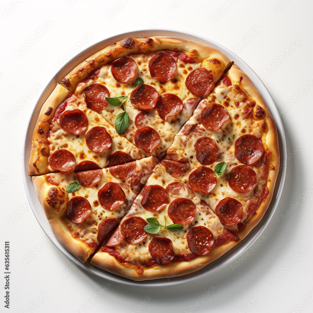 Classic pepperoni pizza with cut slices isolated on a white background.