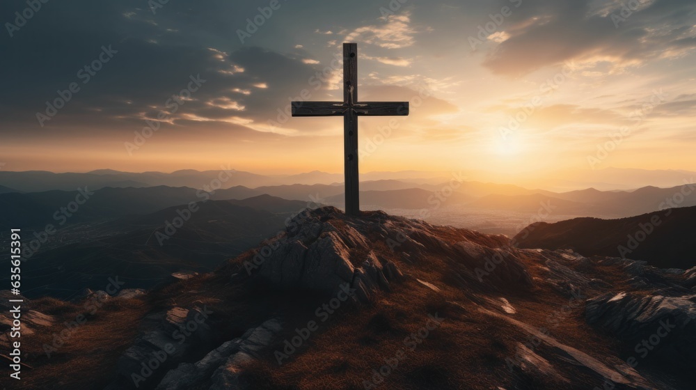 Jesus Christ Cross silhouette on the mountain at sunrise